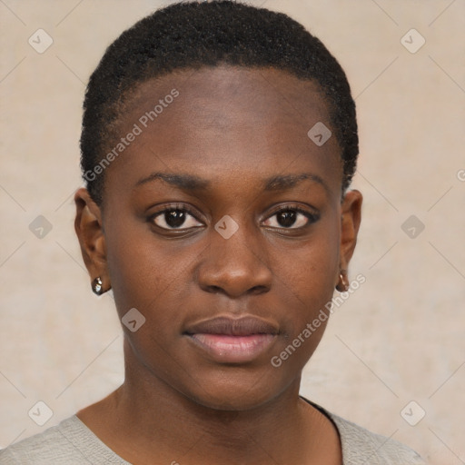 Neutral black young-adult female with short  black hair and brown eyes