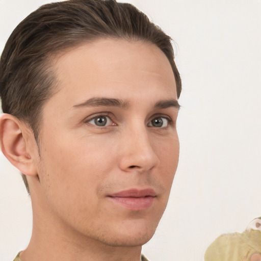 Neutral white young-adult male with short  brown hair and brown eyes