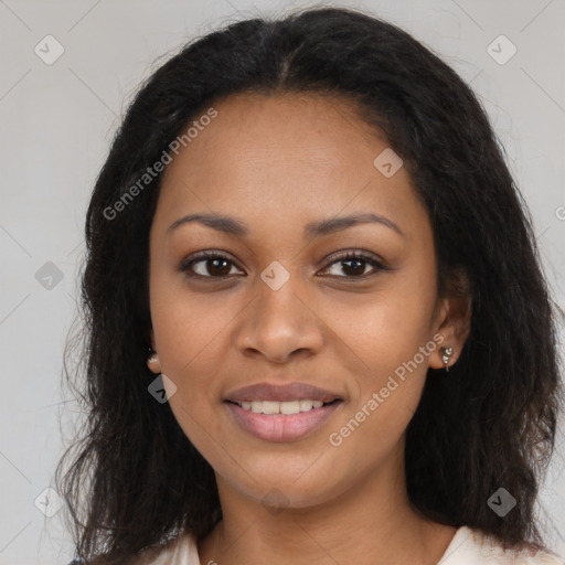 Joyful latino young-adult female with medium  brown hair and brown eyes