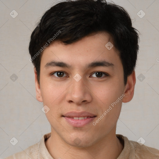 Joyful white young-adult male with short  black hair and brown eyes