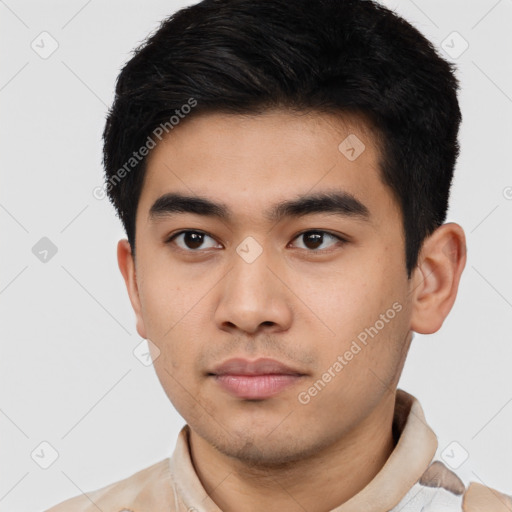 Neutral asian young-adult male with short  black hair and brown eyes