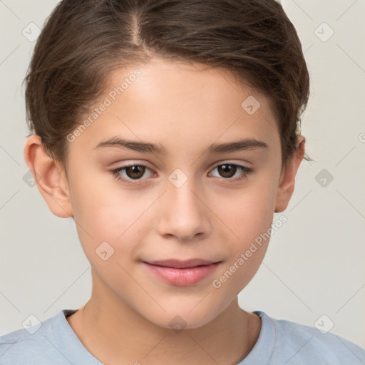 Joyful white child female with short  brown hair and brown eyes