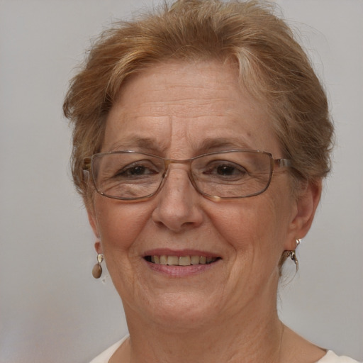 Joyful white middle-aged female with short  brown hair and brown eyes