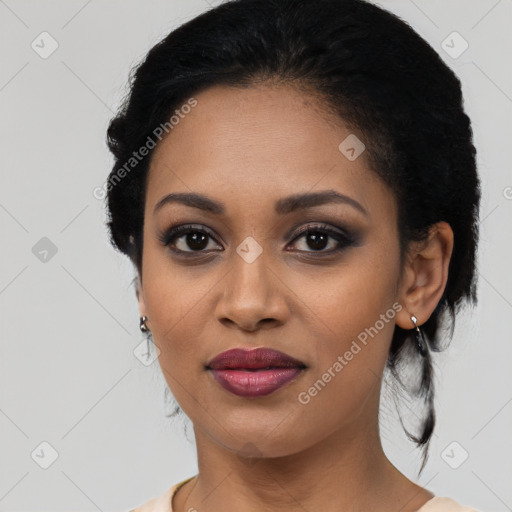 Joyful latino young-adult female with medium  black hair and brown eyes