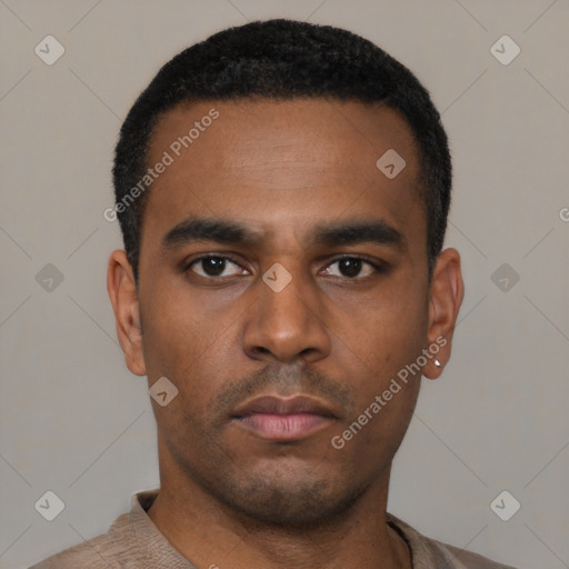 Neutral latino young-adult male with short  black hair and brown eyes
