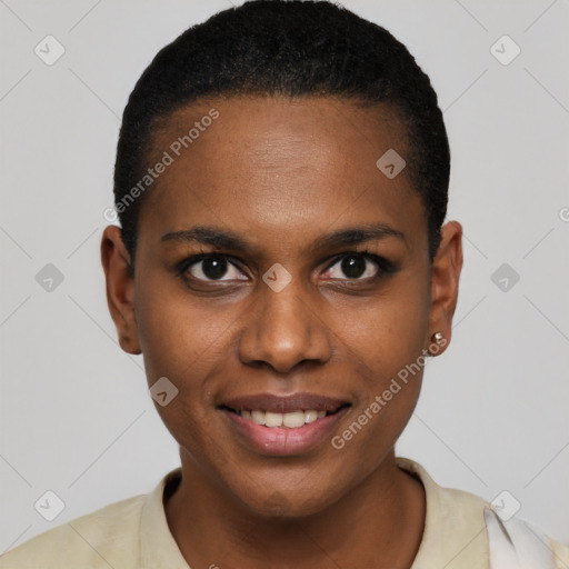 Joyful black young-adult female with short  brown hair and brown eyes