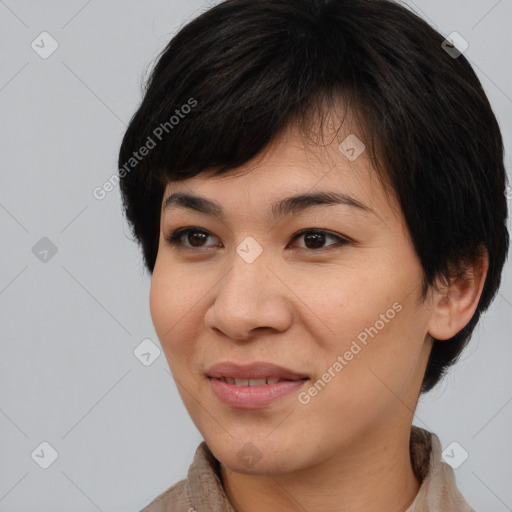 Joyful asian young-adult female with medium  brown hair and brown eyes