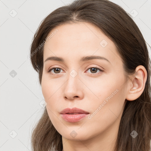 Neutral white young-adult female with long  brown hair and grey eyes