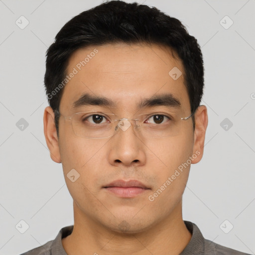 Neutral asian young-adult male with short  black hair and brown eyes