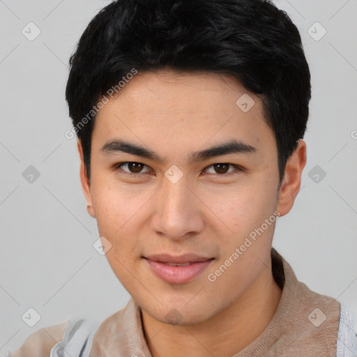 Joyful asian young-adult male with short  brown hair and brown eyes