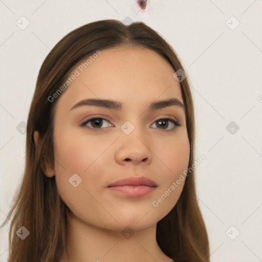 Neutral white young-adult female with long  brown hair and brown eyes