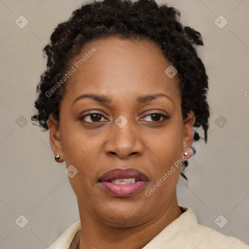 Joyful black adult female with short  brown hair and brown eyes