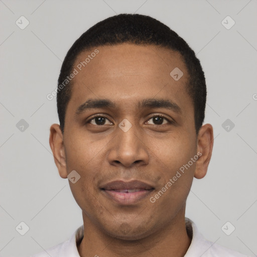 Neutral black young-adult male with short  black hair and brown eyes
