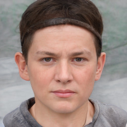 Neutral white young-adult male with short  brown hair and grey eyes