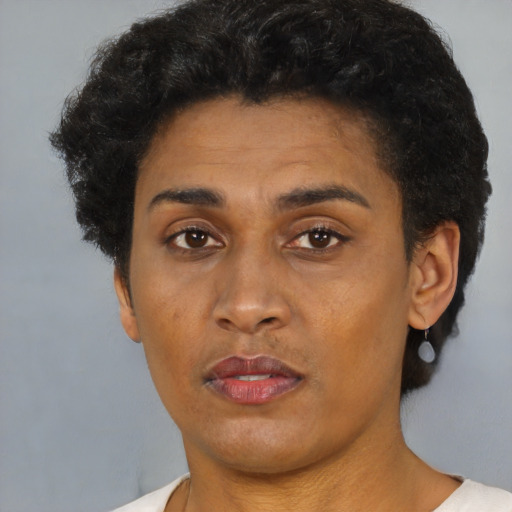 Joyful black adult female with short  brown hair and brown eyes