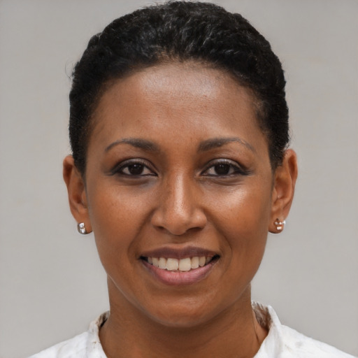 Joyful black young-adult female with short  black hair and brown eyes