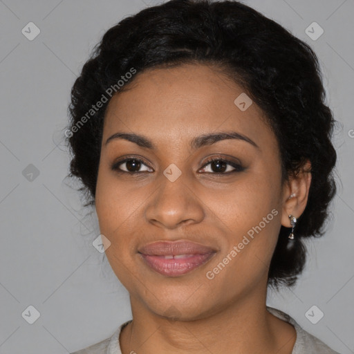 Joyful black young-adult female with medium  black hair and brown eyes