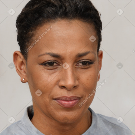 Joyful black adult female with short  brown hair and brown eyes