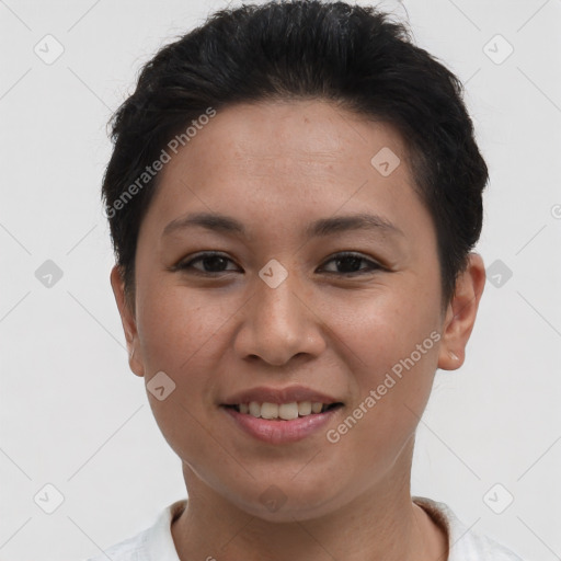 Joyful asian young-adult female with short  brown hair and brown eyes