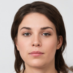 Neutral white young-adult female with medium  brown hair and grey eyes