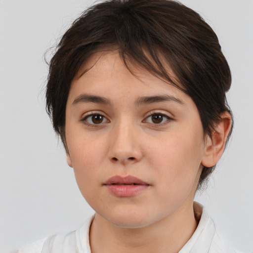 Neutral white young-adult female with medium  brown hair and brown eyes