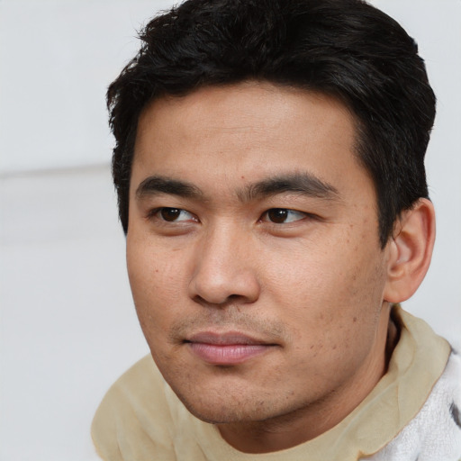 Neutral asian young-adult male with short  black hair and brown eyes