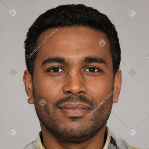 Neutral latino young-adult male with short  black hair and brown eyes