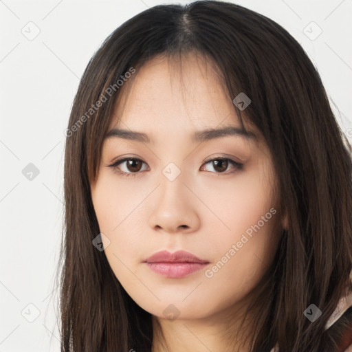 Neutral asian young-adult female with long  brown hair and brown eyes