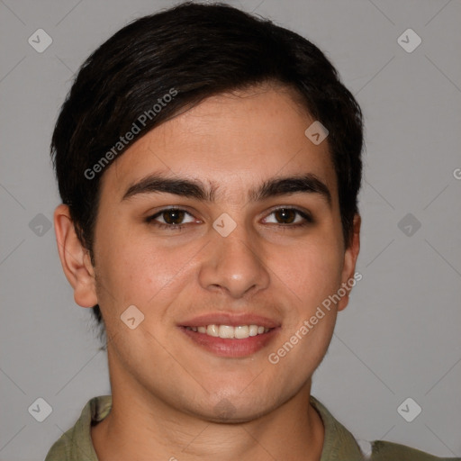 Joyful white young-adult male with short  brown hair and brown eyes