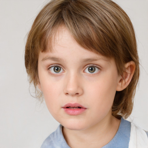 Neutral white child female with medium  brown hair and grey eyes