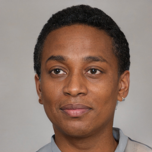 Neutral black adult male with short  black hair and brown eyes