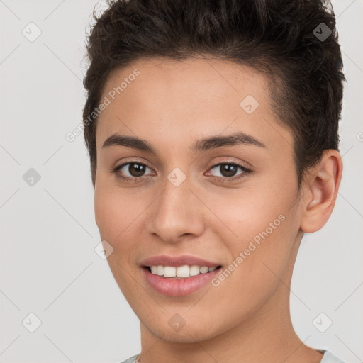 Joyful white young-adult female with short  brown hair and brown eyes