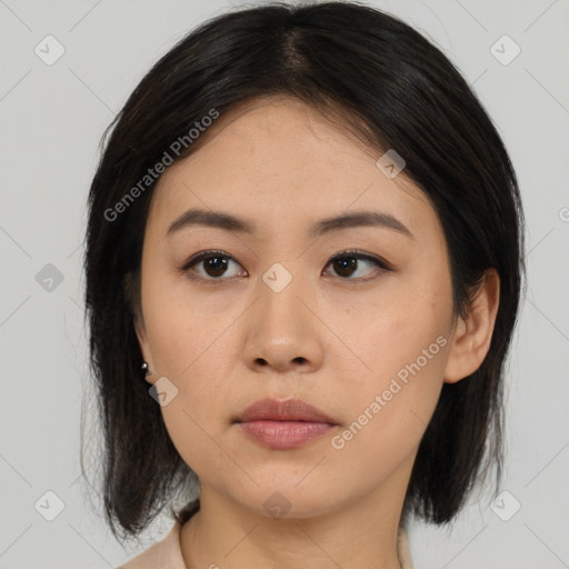 Neutral asian young-adult female with medium  black hair and brown eyes