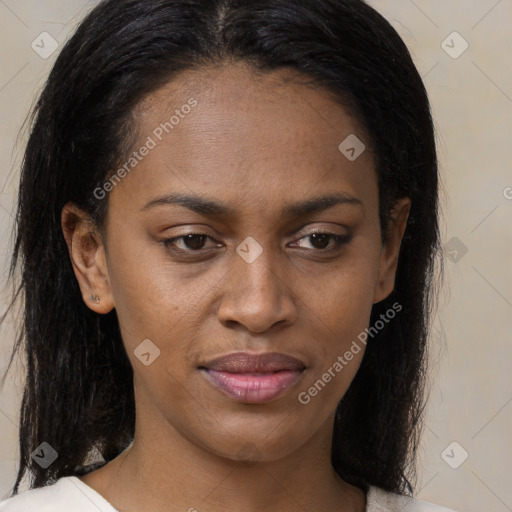 Joyful black young-adult female with medium  brown hair and brown eyes