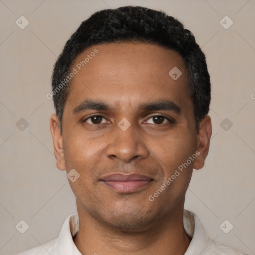 Joyful black young-adult male with short  black hair and brown eyes