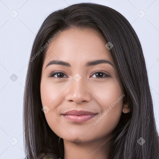 Joyful white young-adult female with long  black hair and brown eyes