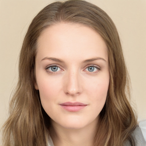 Neutral white young-adult female with long  brown hair and grey eyes