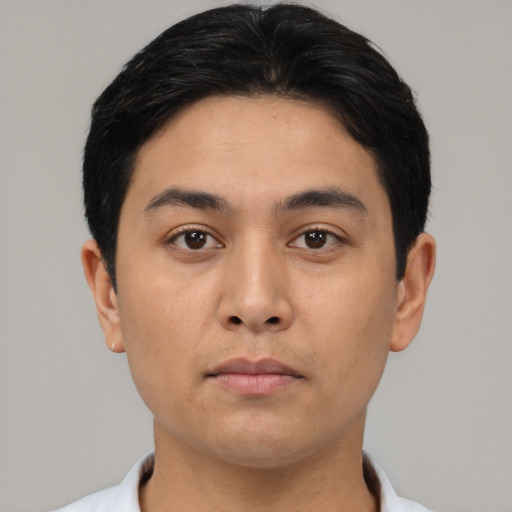 Neutral asian young-adult male with short  black hair and brown eyes