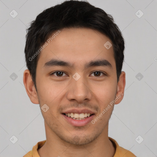 Joyful latino young-adult male with short  brown hair and brown eyes