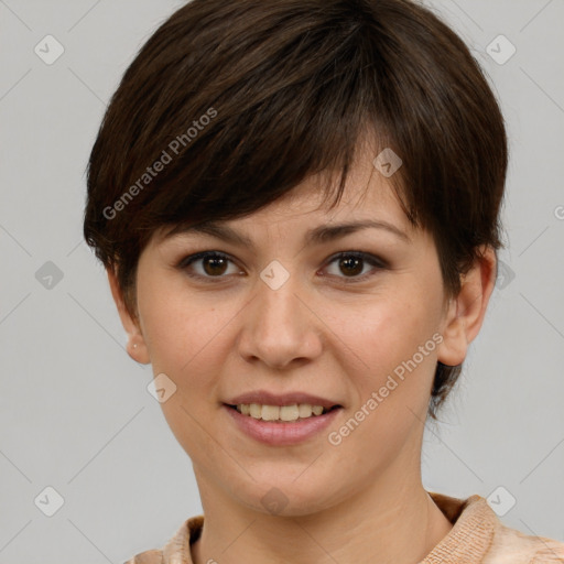 Joyful white young-adult female with short  brown hair and brown eyes