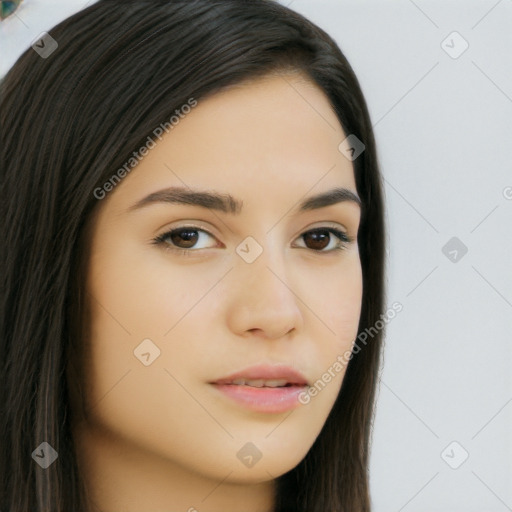 Neutral white young-adult female with long  brown hair and brown eyes