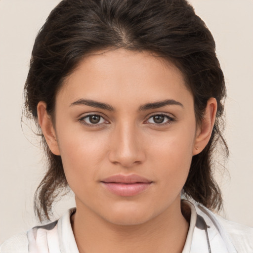 Neutral white young-adult female with medium  brown hair and brown eyes