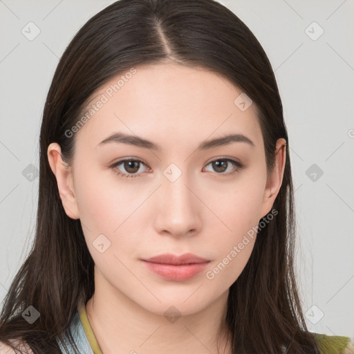 Neutral white young-adult female with long  brown hair and brown eyes