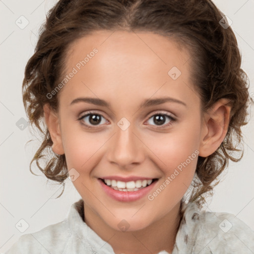 Joyful white child female with medium  brown hair and brown eyes