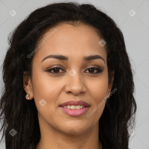 Joyful latino young-adult female with long  brown hair and brown eyes