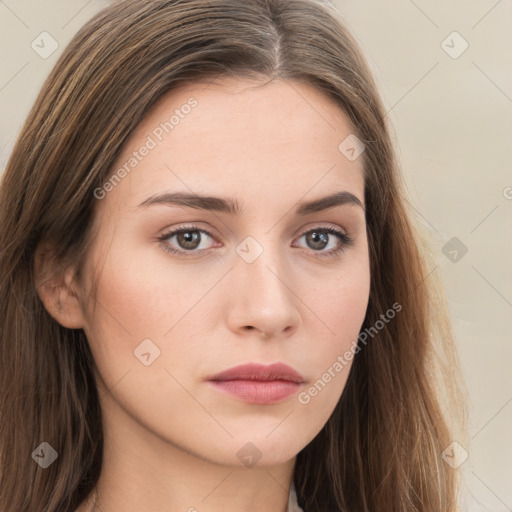 Neutral white young-adult female with long  brown hair and brown eyes