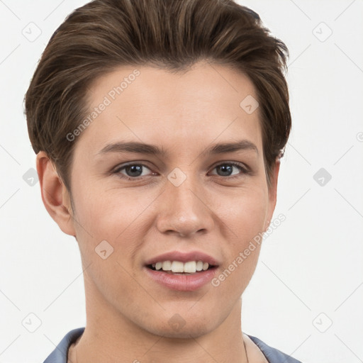 Joyful white young-adult female with short  brown hair and grey eyes