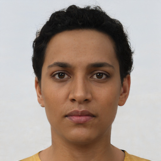 Neutral latino young-adult female with short  black hair and brown eyes