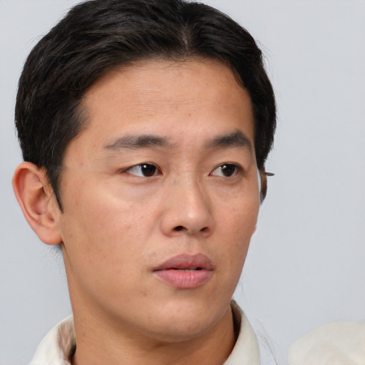 Neutral asian young-adult male with short  brown hair and brown eyes