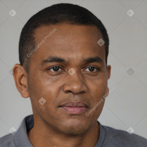 Joyful black adult male with short  black hair and brown eyes